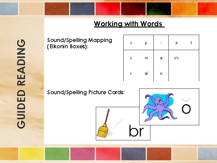 GUIDED READING Working with Words Sound/Spelling Mapping (Elkonin Boxes): Sound/Spelling Picture Cards: 