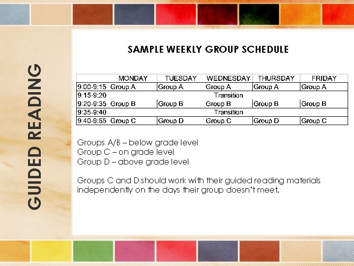 GUIDED READING SAMPLE WEEKLY GROUP SCHEDULE Groups A/B – below grade level Group C