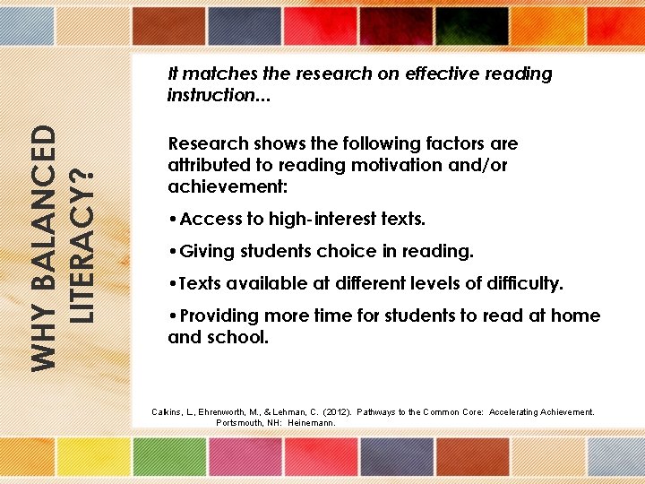 WHY BALANCED LITERACY? It matches the research on effective reading instruction… Research shows the