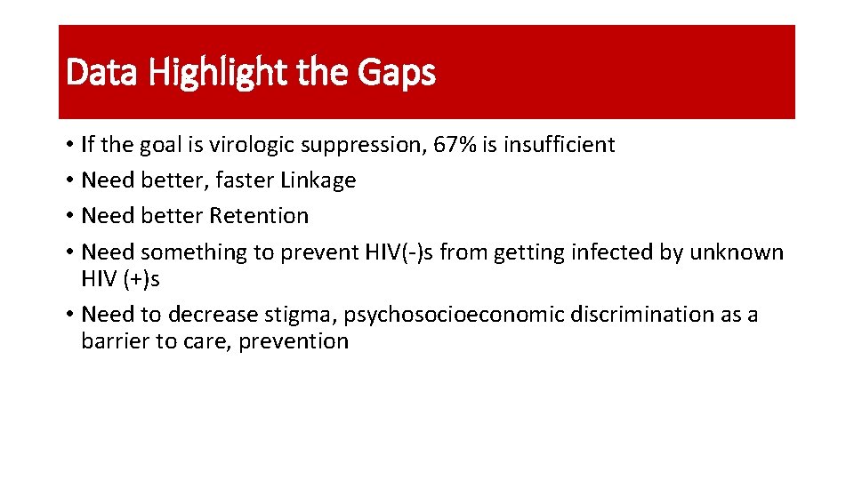 Data Highlight the Gaps • If the goal is virologic suppression, 67% is insufficient