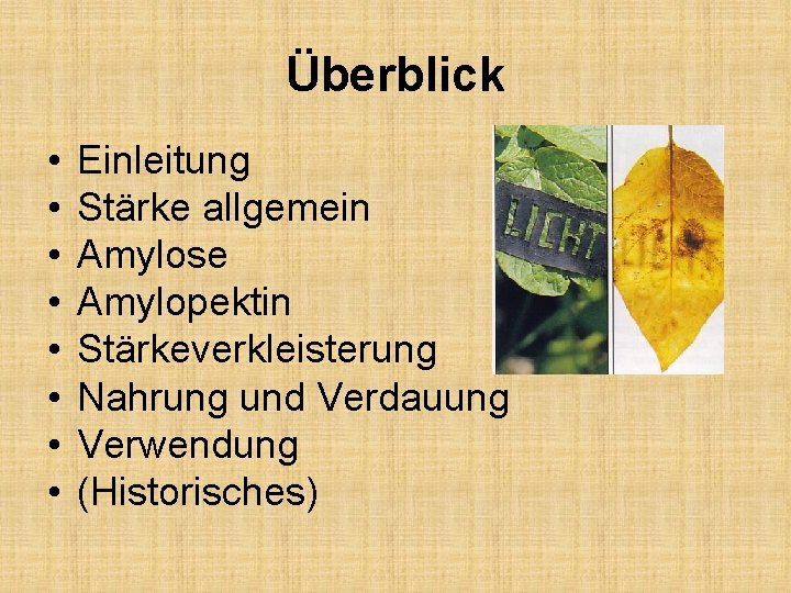 Überblick • • Einleitung Stärke allgemein Amylose Amylopektin Stärkeverkleisterung Nahrung und Verdauung Verwendung (Historisches)