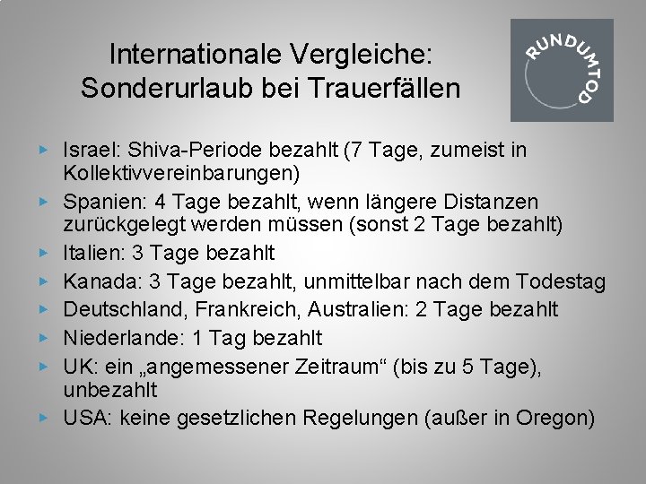 Internationale Vergleiche: Sonderurlaub bei Trauerfällen ▶ Israel: Shiva-Periode bezahlt (7 Tage, zumeist in ▶