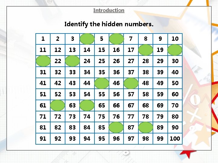 Introduction Identify the hidden numbers. 1 2 3 4 5 6 7 8 9