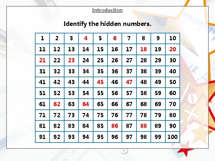 Introduction Identify the hidden numbers. 1 2 3 4 5 6 7 8 9
