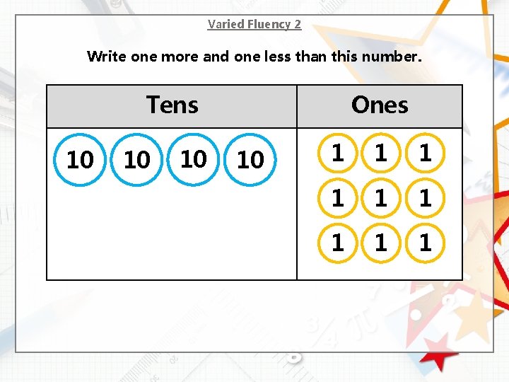 Varied Fluency 2 Write one more and one less than this number. Tens 10