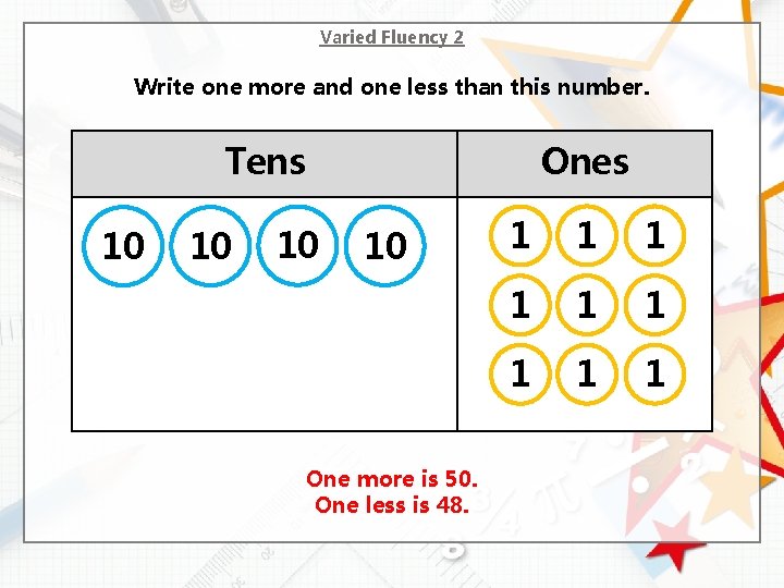 Varied Fluency 2 Write one more and one less than this number. Tens 10