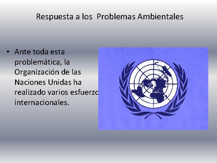 Respuesta a los Problemas Ambientales • Ante toda esta problemática, la Organización de las