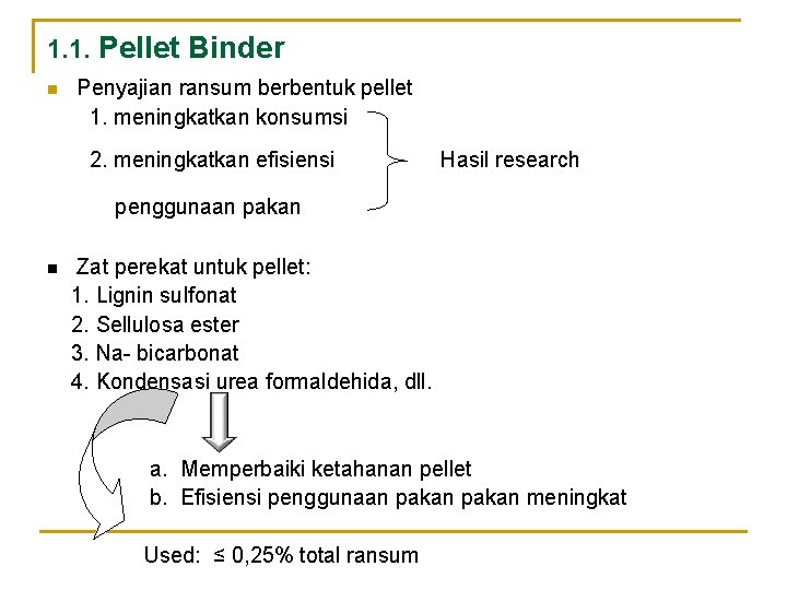 1. 1. Pellet Binder n Penyajian ransum berbentuk pellet 1. meningkatkan konsumsi 2. meningkatkan