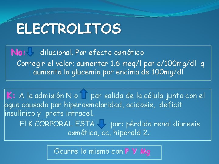 ELECTROLITOS Na: dilucional. Por efecto osmótico Corregir el valor: aumentar 1. 6 meq/l por