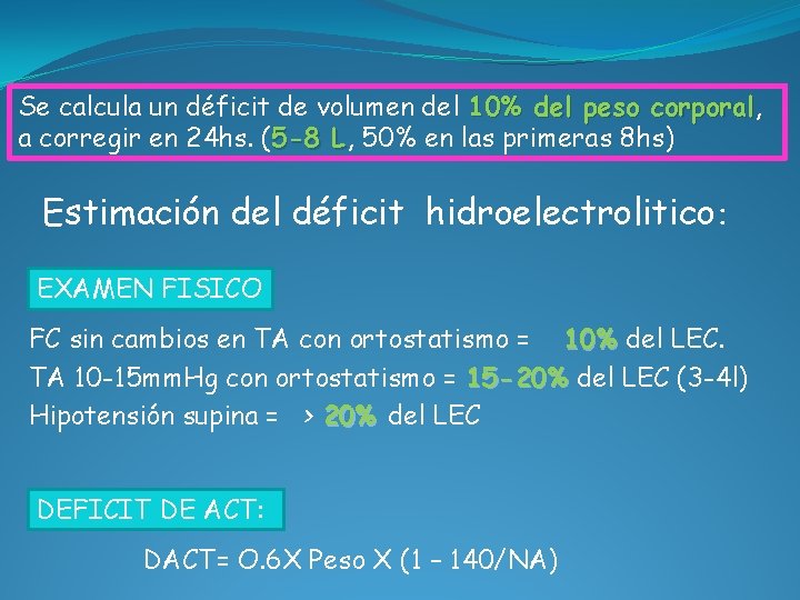 Se calcula un déficit de volumen del 10% del peso corporal, corporal a corregir