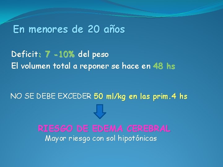 En menores de 20 años Deficit: 7 -10% del peso El volumen total a