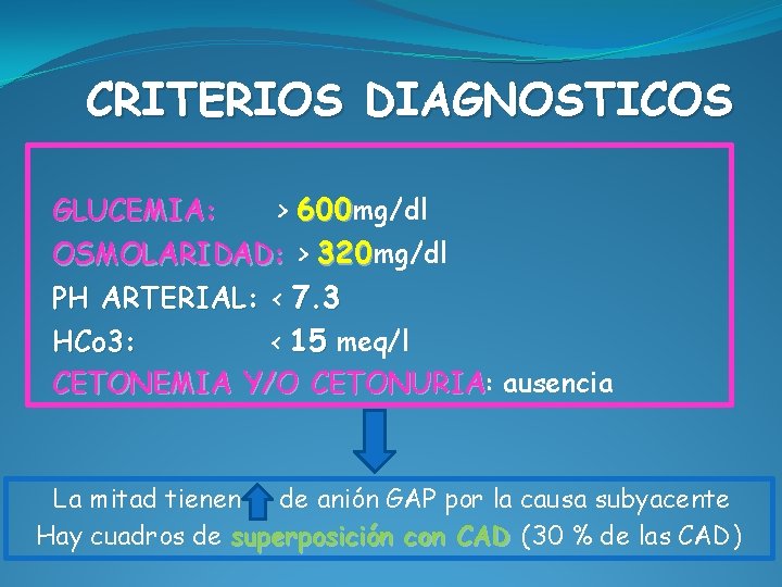 CRITERIOS DIAGNOSTICOS GLUCEMIA: > 600 mg/dl OSMOLARIDAD: > 320 mg/dl PH ARTERIAL: < 7.