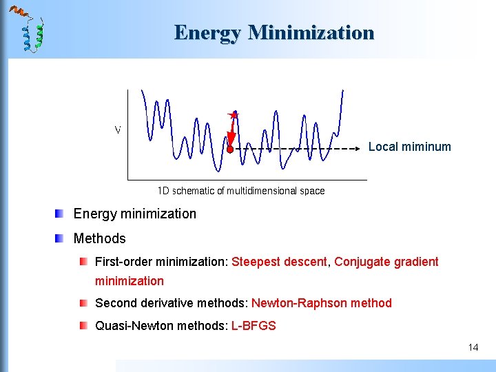 Energy Minimization Local miminum Energy minimization Methods First-order minimization: Steepest descent, Conjugate gradient minimization Energy Minimization Local miminum Energy minimization Methods First-order minimization: Steepest descent, Conjugate gradient minimization