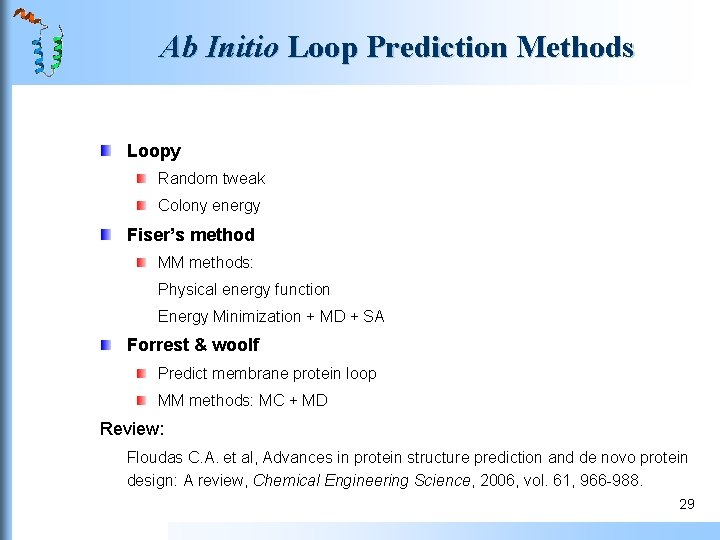 Ab Initio Loop Prediction Methods Loopy Random tweak Colony energy Fiser’s method MM methods: Ab Initio Loop Prediction Methods Loopy Random tweak Colony energy Fiser’s method MM methods: