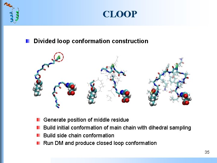 CLOOP Divided loop conformation construction Generate position of middle residue Build initial conformation of CLOOP Divided loop conformation construction Generate position of middle residue Build initial conformation of