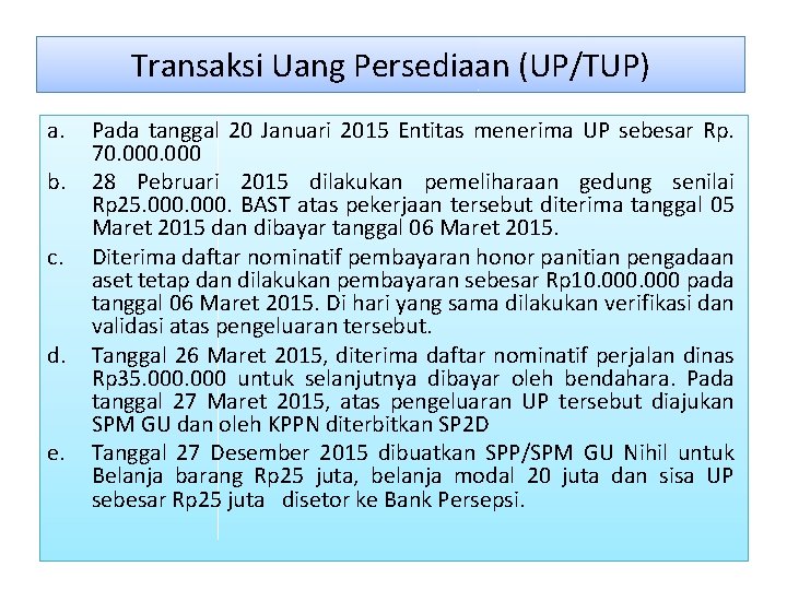 Transaksi Uang Persediaan (UP/TUP) a. b. c. d. e. Pada tanggal 20 Januari 2015