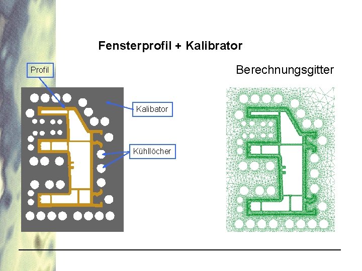 Fensterprofil + Kalibrator Berechnungsgitter Profil Kalibator Kühllöcher 