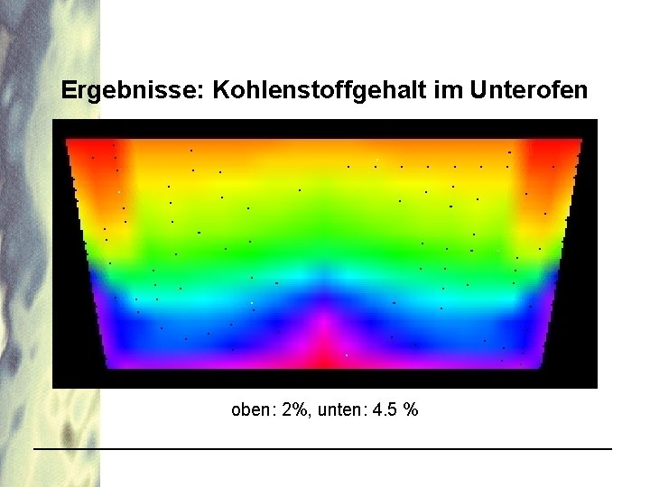 Ergebnisse: Kohlenstoffgehalt im Unterofen oben: 2%, unten: 4. 5 % 