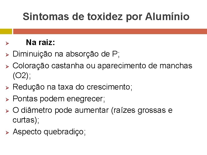 Sintomas de toxidez por Alumínio Ø Ø Ø Ø Na raiz: Diminuição na absorção