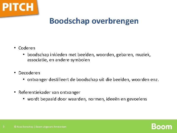 Boodschap overbrengen • Coderen • boodschap inkleden met beelden, woorden, gebaren, muziek, associatie, en