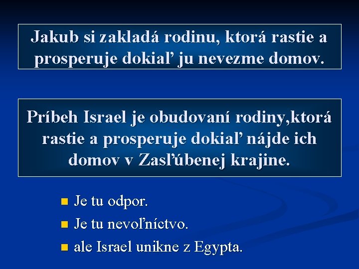 Jakub si zakladá rodinu, ktorá rastie a prosperuje dokiaľ ju nevezme domov. Príbeh Israel