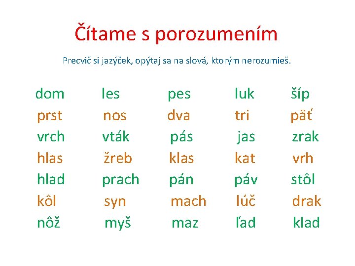 Čítame s porozumením Precvič si jazýček, opýtaj sa na slová, ktorým nerozumieš. dom prst