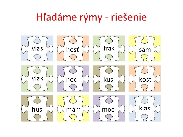 Hľadáme rýmy - riešenie vlas hosť frak sám vlak noc kus kosť hus mám