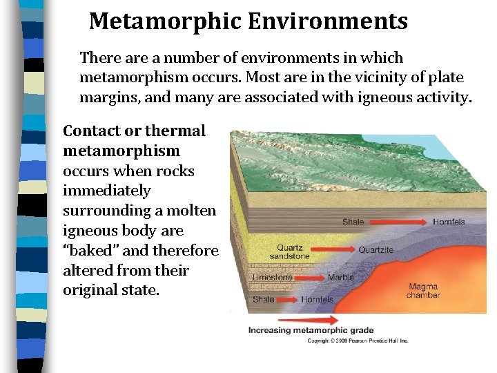 Metamorphic Environments There a number of environments in which metamorphism occurs. Most are in