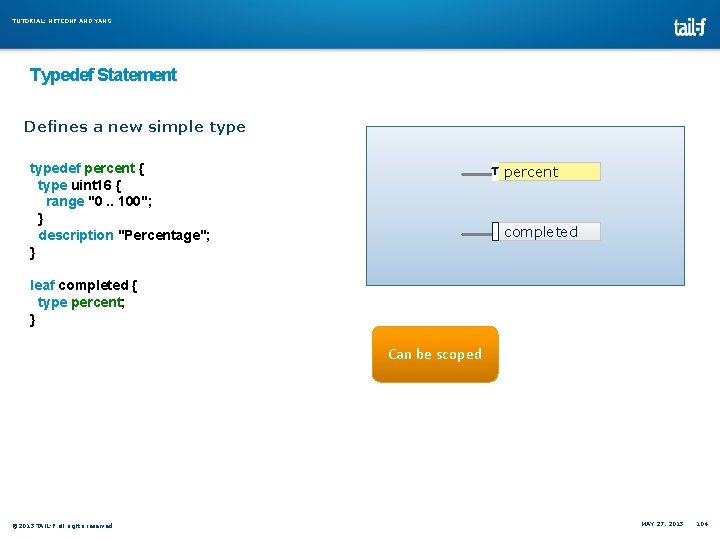 TUTORIAL: NETCONF AND YANG Typedef Statement Defines a new simple typedef percent { type TUTORIAL: NETCONF AND YANG Typedef Statement Defines a new simple typedef percent { type