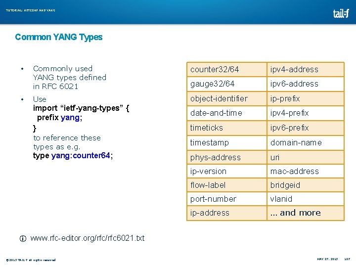 TUTORIAL: NETCONF AND YANG Common YANG Types • • Commonly used YANG types defined TUTORIAL: NETCONF AND YANG Common YANG Types • • Commonly used YANG types defined