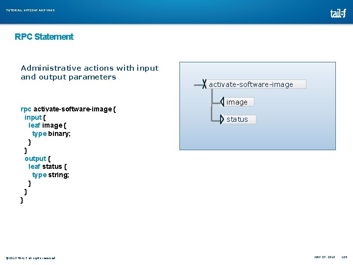 TUTORIAL: NETCONF AND YANG RPC Statement Administrative actions with input and output parameters rpc TUTORIAL: NETCONF AND YANG RPC Statement Administrative actions with input and output parameters rpc