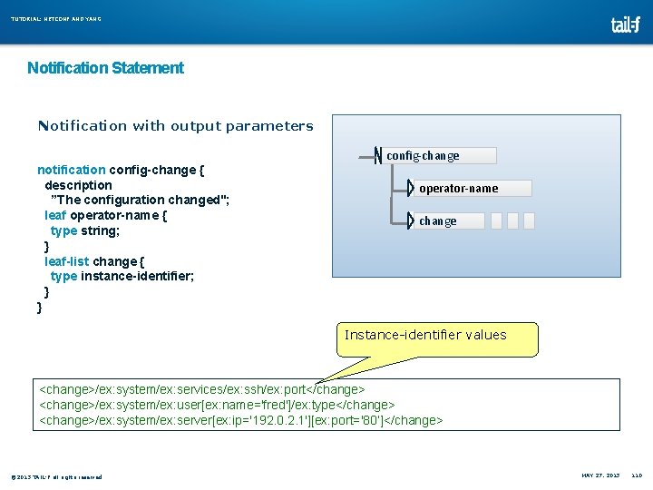 TUTORIAL: NETCONF AND YANG Notification Statement Notification with output parameters notification config-change { description TUTORIAL: NETCONF AND YANG Notification Statement Notification with output parameters notification config-change { description