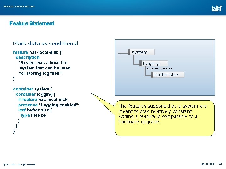 TUTORIAL: NETCONF AND YANG Feature Statement Mark data as conditional feature has-local-disk { description TUTORIAL: NETCONF AND YANG Feature Statement Mark data as conditional feature has-local-disk { description