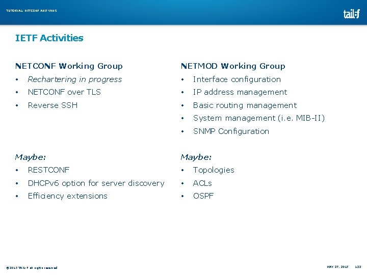 TUTORIAL: NETCONF AND YANG IETF Activities NETCONF Working Group NETMOD Working Group • Rechartering TUTORIAL: NETCONF AND YANG IETF Activities NETCONF Working Group NETMOD Working Group • Rechartering