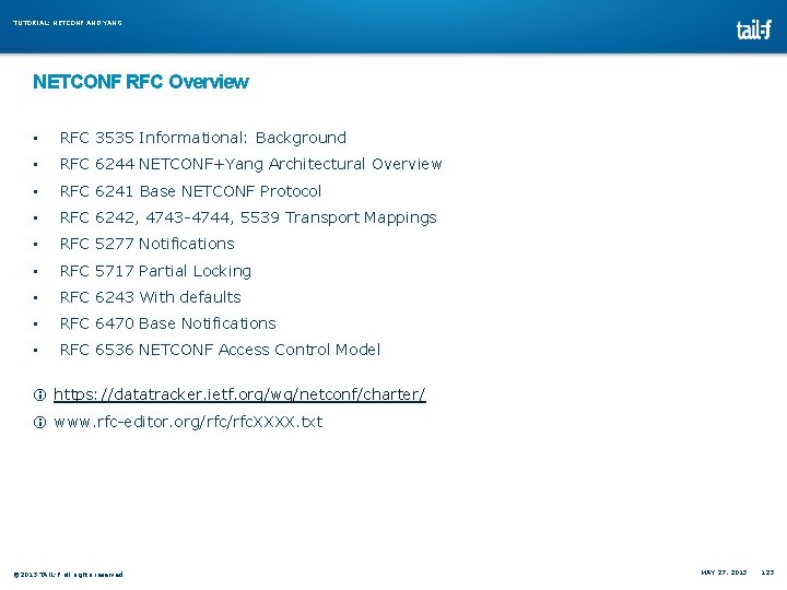 TUTORIAL: NETCONF AND YANG NETCONF RFC Overview • RFC 3535 Informational: Background • RFC TUTORIAL: NETCONF AND YANG NETCONF RFC Overview • RFC 3535 Informational: Background • RFC