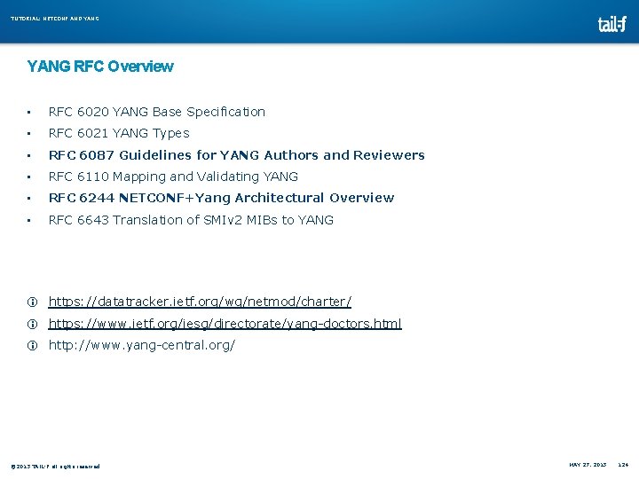 TUTORIAL: NETCONF AND YANG RFC Overview • RFC 6020 YANG Base Specification • RFC TUTORIAL: NETCONF AND YANG RFC Overview • RFC 6020 YANG Base Specification • RFC