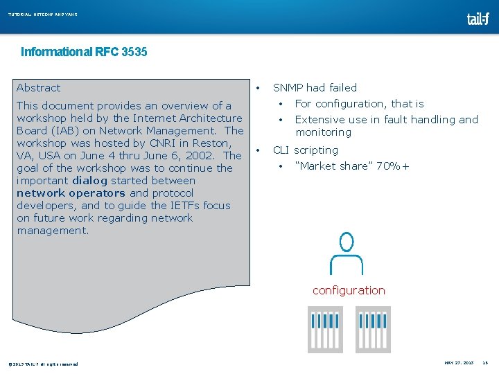 TUTORIAL: NETCONF AND YANG Informational RFC 3535 Abstract This document provides an overview of TUTORIAL: NETCONF AND YANG Informational RFC 3535 Abstract This document provides an overview of
