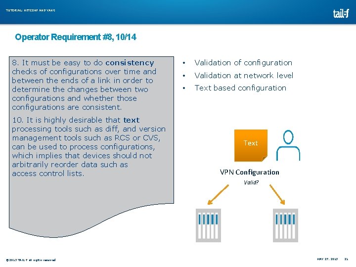 TUTORIAL: NETCONF AND YANG Operator Requirement #8, 10/14 8. It must be easy to TUTORIAL: NETCONF AND YANG Operator Requirement #8, 10/14 8. It must be easy to