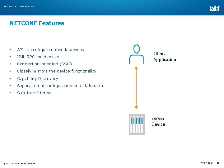 TUTORIAL: NETCONF AND YANG NETCONF Features • API to configure network devices • XML TUTORIAL: NETCONF AND YANG NETCONF Features • API to configure network devices • XML