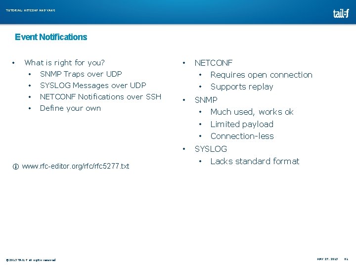 TUTORIAL: NETCONF AND YANG Event Notifications • What is right for you? • • TUTORIAL: NETCONF AND YANG Event Notifications • What is right for you? • •