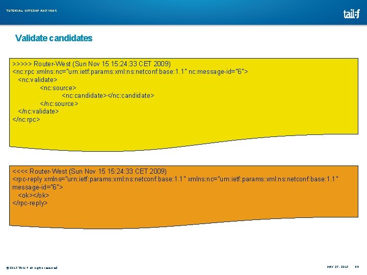 TUTORIAL: NETCONF AND YANG Validate candidates >>>>> Router-West (Sun Nov 15 15: 24: 33 TUTORIAL: NETCONF AND YANG Validate candidates >>>>> Router-West (Sun Nov 15 15: 24: 33
