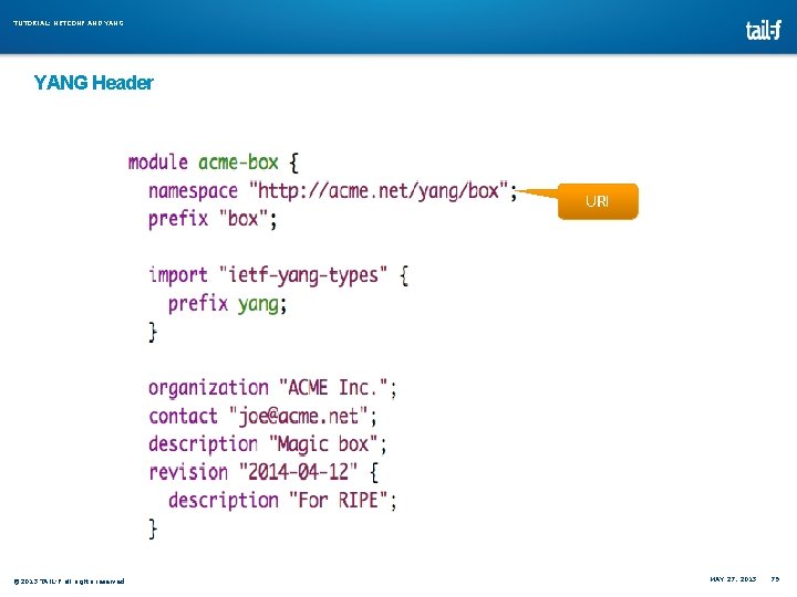 TUTORIAL: NETCONF AND YANG Header URI © 2013 TAIL-F all rights reserved MAY 27, TUTORIAL: NETCONF AND YANG Header URI © 2013 TAIL-F all rights reserved MAY 27,