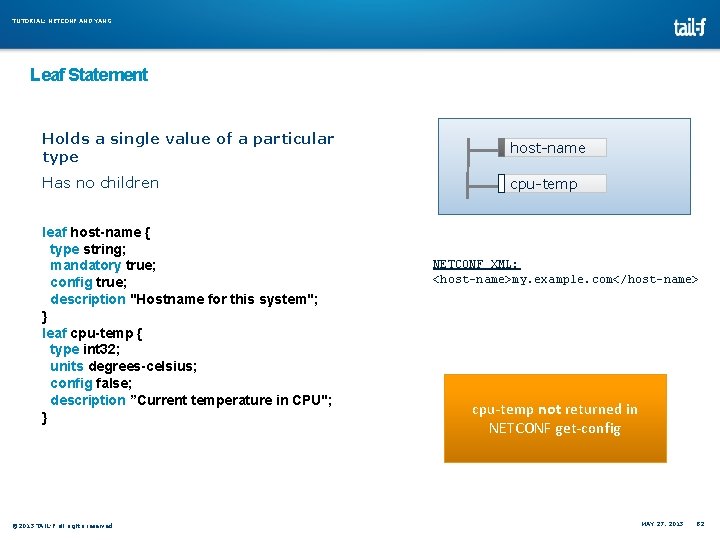 TUTORIAL: NETCONF AND YANG Leaf Statement Holds a single value of a particular type TUTORIAL: NETCONF AND YANG Leaf Statement Holds a single value of a particular type