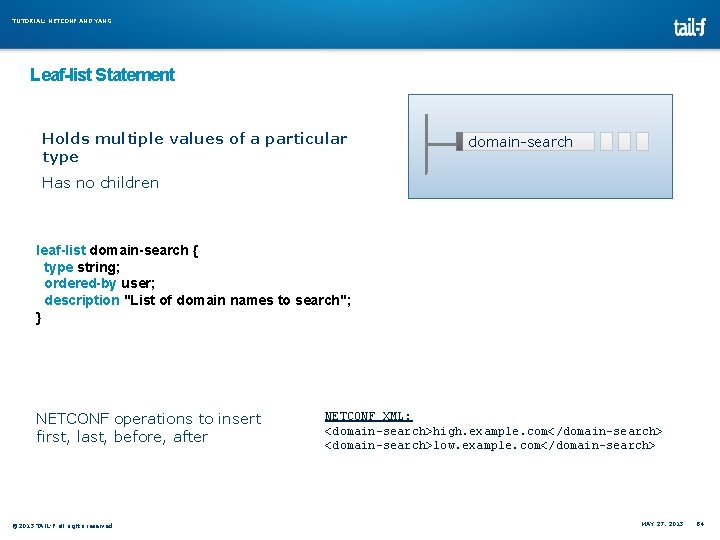 TUTORIAL: NETCONF AND YANG Leaf-list Statement Holds multiple values of a particular type domain-search TUTORIAL: NETCONF AND YANG Leaf-list Statement Holds multiple values of a particular type domain-search