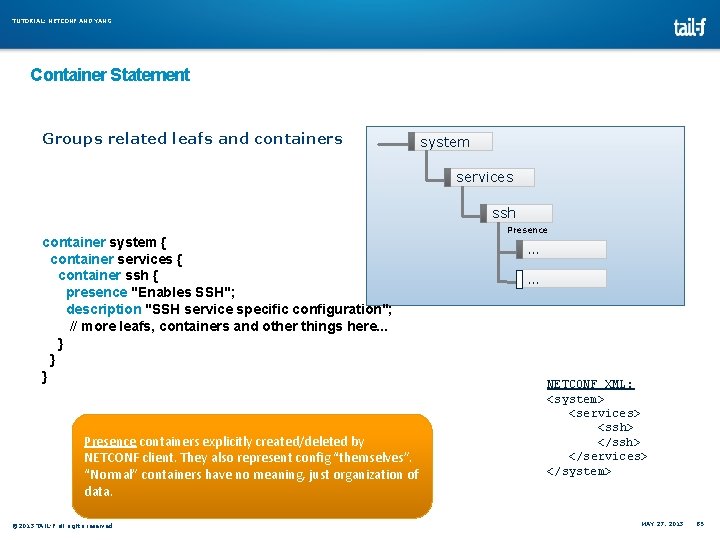 TUTORIAL: NETCONF AND YANG Container Statement Groups related leafs and containers system services ssh TUTORIAL: NETCONF AND YANG Container Statement Groups related leafs and containers system services ssh