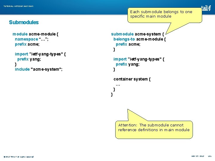 TUTORIAL: NETCONF AND YANG Each submodule belongs to one specific main module Submodules module TUTORIAL: NETCONF AND YANG Each submodule belongs to one specific main module Submodules module