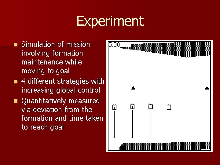 Experiment Simulation of mission involving formation maintenance while moving to goal n 4 different