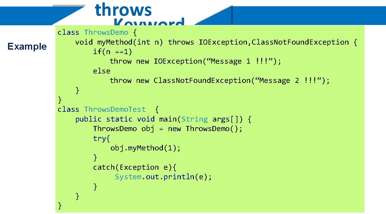 throws Keyword class Throws. Demo { Example void my. Method(int n) throws IOException, Class.