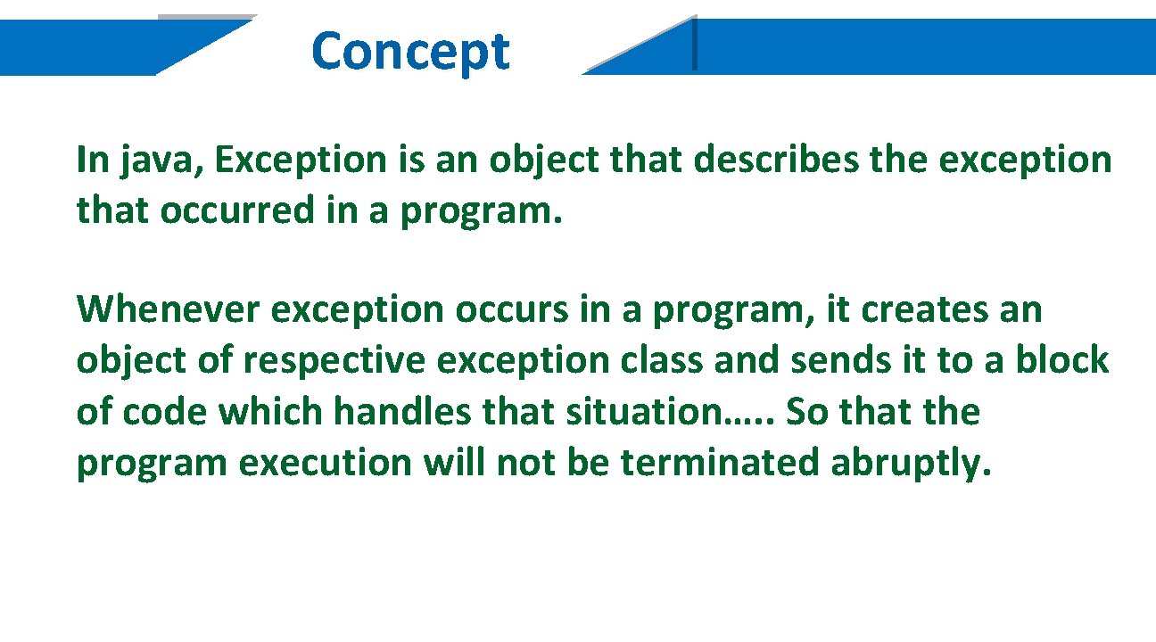 Concept In java, Exception is an object that describes the exception that occurred in