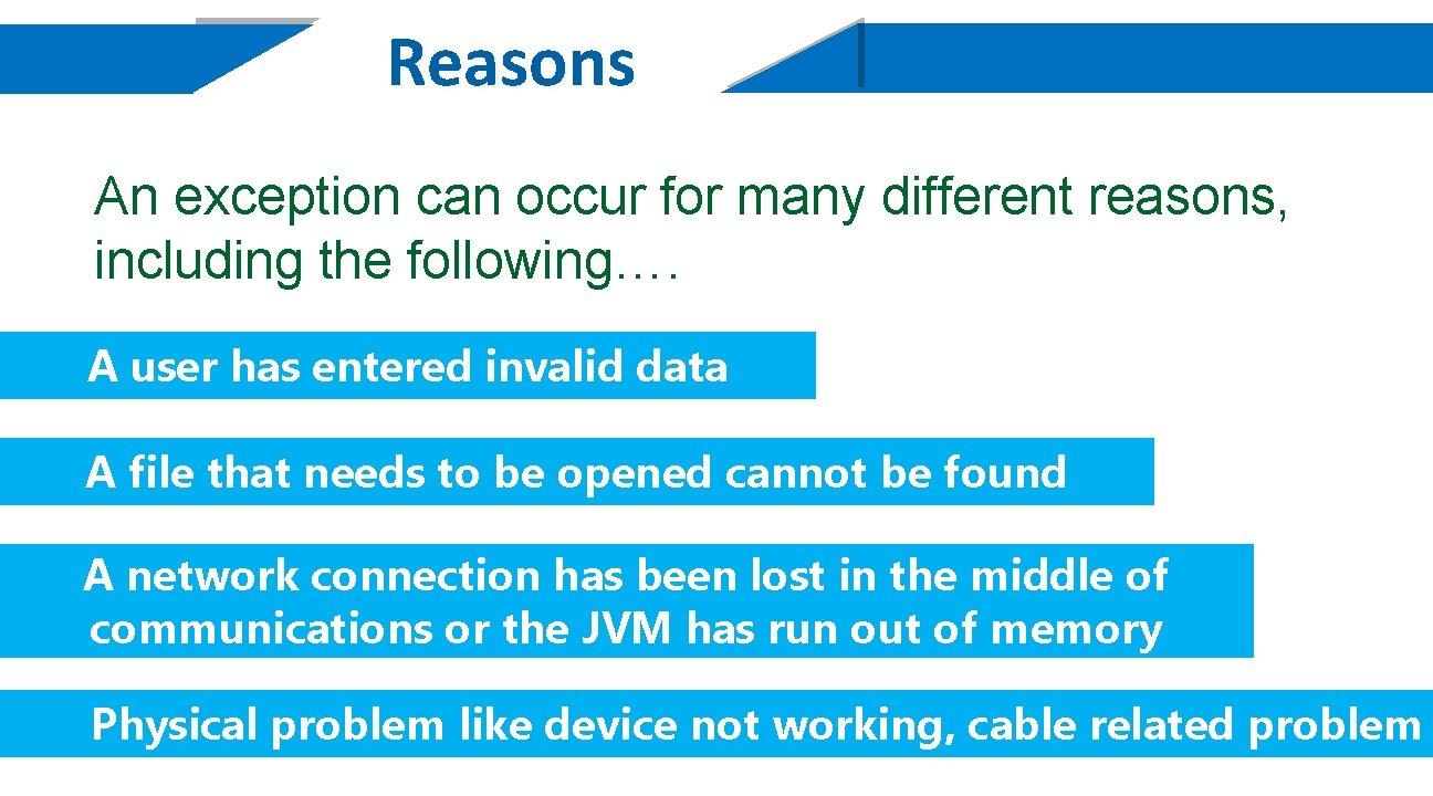 Reasons An exception can occur for many different reasons, including the following…. A user